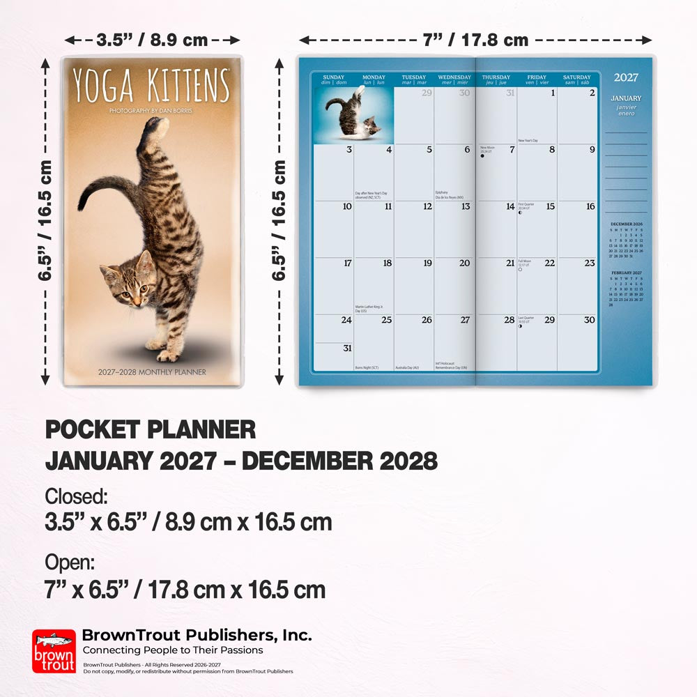 Yoga Kittens OFFICIAL | 2027-2028 3.5 x 6.5 Inch Two Year Monthly Pocket Planner Calendar