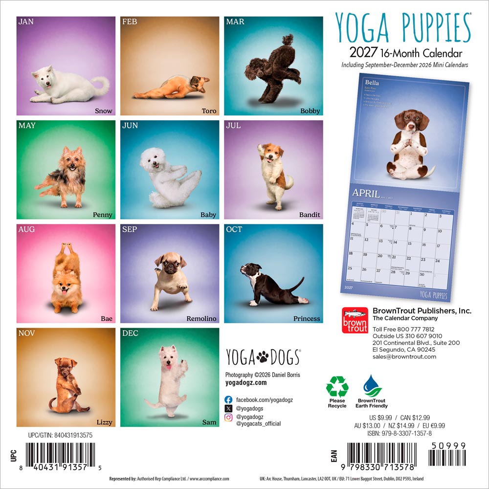 Yoga Puppies OFFICIAL | 2027 7 x 14 Inch (Hanging) Monthly Mini Wall Calendar