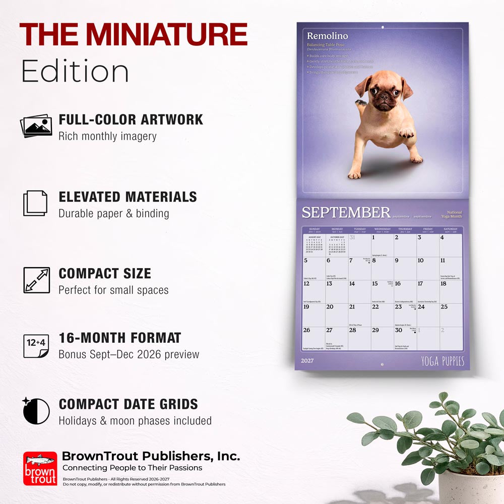 Yoga Puppies OFFICIAL | 2027 7 x 14 Inch (Hanging) Monthly Mini Wall Calendar