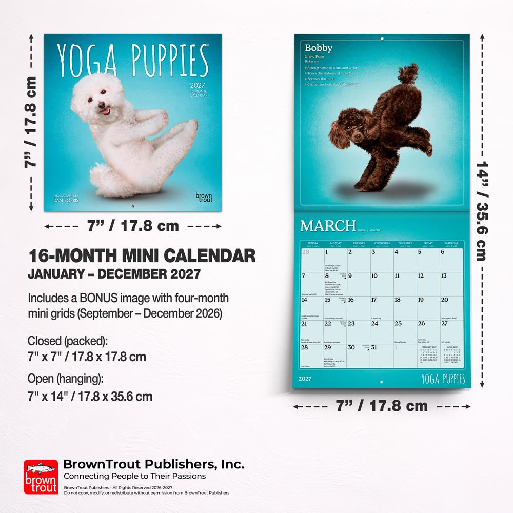 Yoga Puppies OFFICIAL | 2027 7 x 14 Inch (Hanging) Monthly Mini Wall Calendar