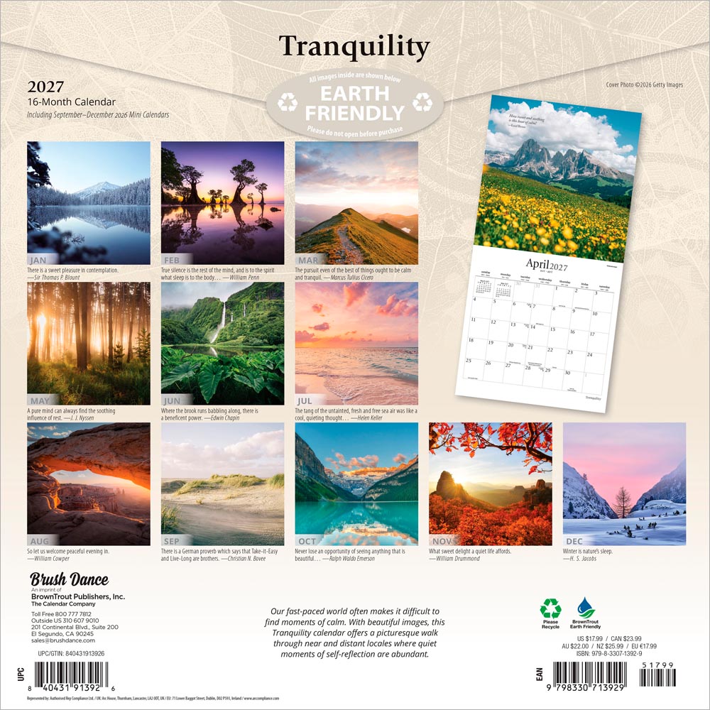 Tranquility | 2027 12 x 24 Inch (Hanging) Monthly Square Wall Calendar