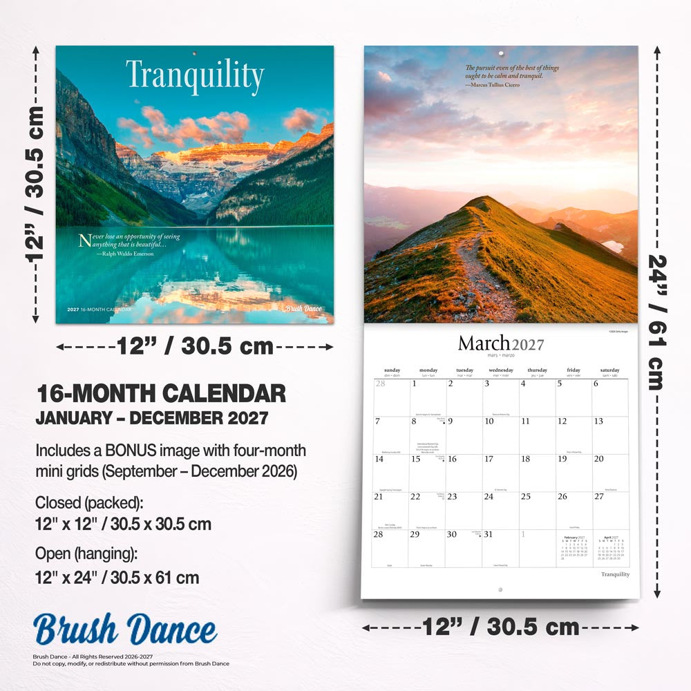 Tranquility | 2027 12 x 24 Inch (Hanging) Monthly Square Wall Calendar