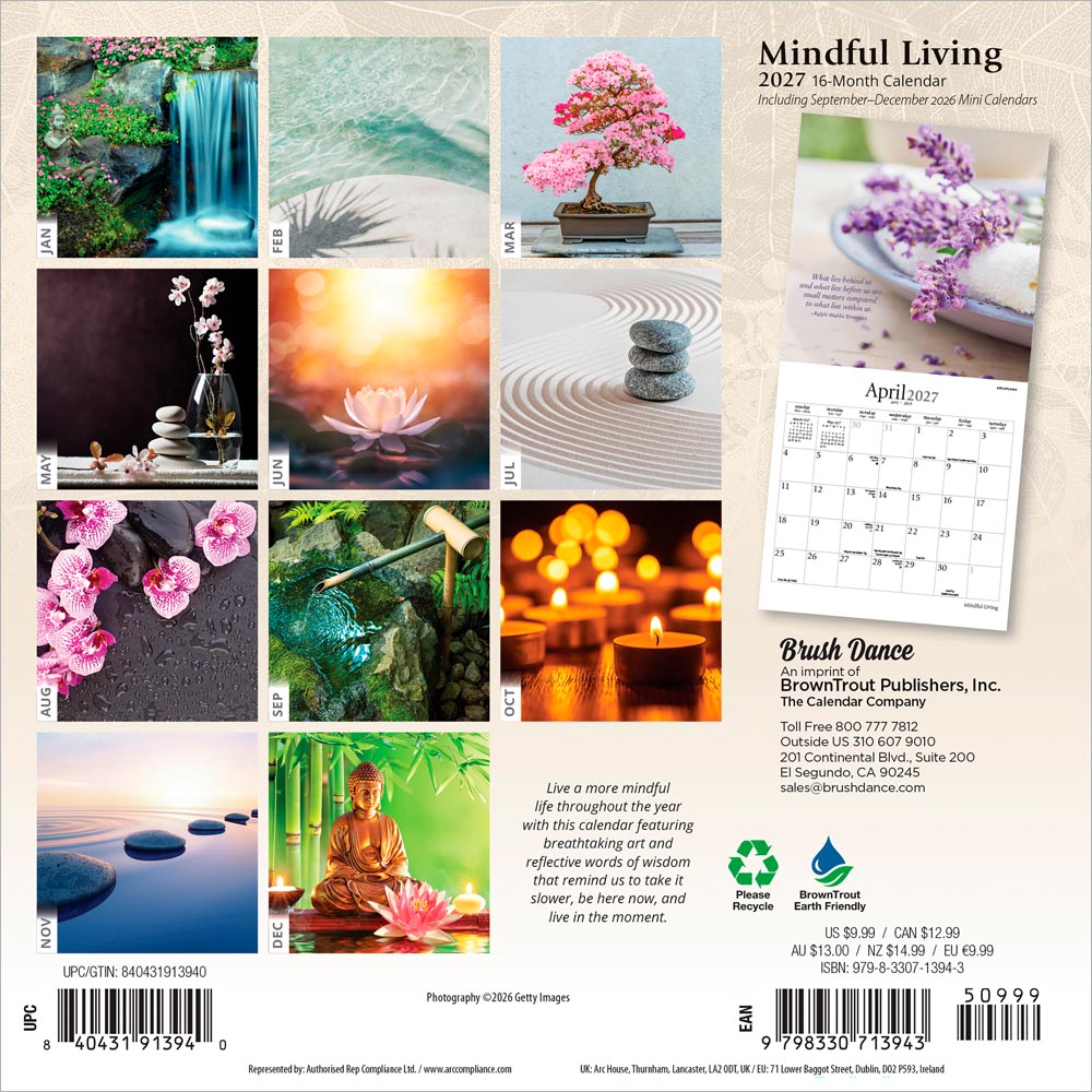 Mindful Living | 2027 7 x 14 Inch (Hanging) Monthly Mini Wall Calendar