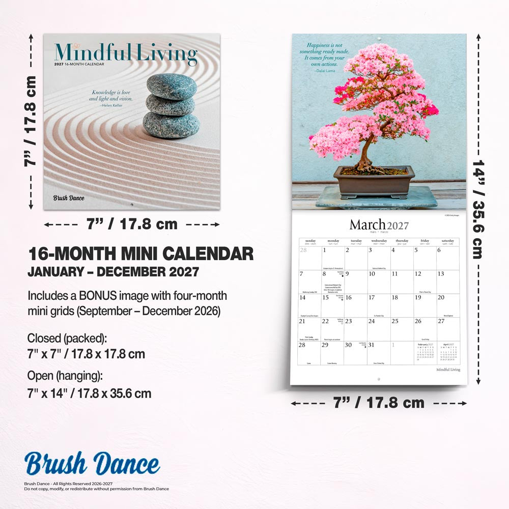 Mindful Living | 2027 7 x 14 Inch (Hanging) Monthly Mini Wall Calendar