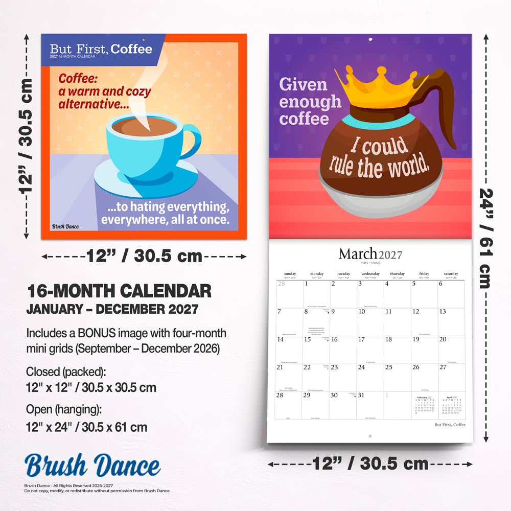 But First Coffee | 2027 12 x 24 Inch (Hanging) Monthly Square Wall Calendar