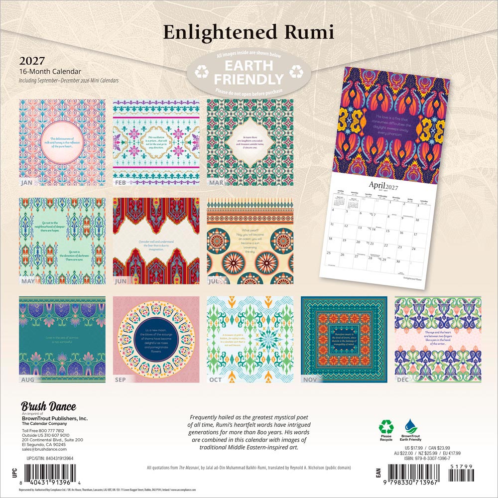 Enlightened Rumi | 2027 12 x 24 Inch (Hanging) Monthly Square Wall Calendar
