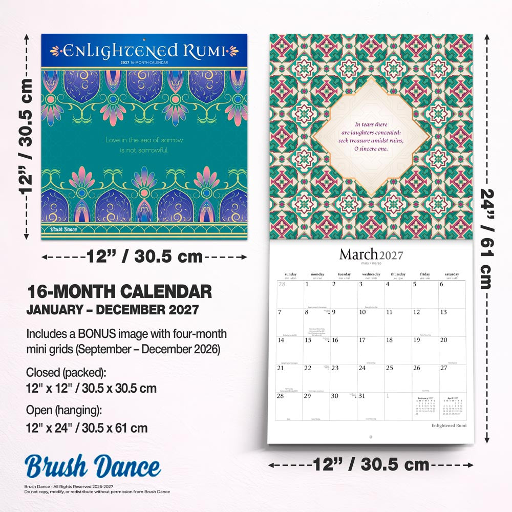 Enlightened Rumi | 2027 12 x 24 Inch (Hanging) Monthly Square Wall Calendar