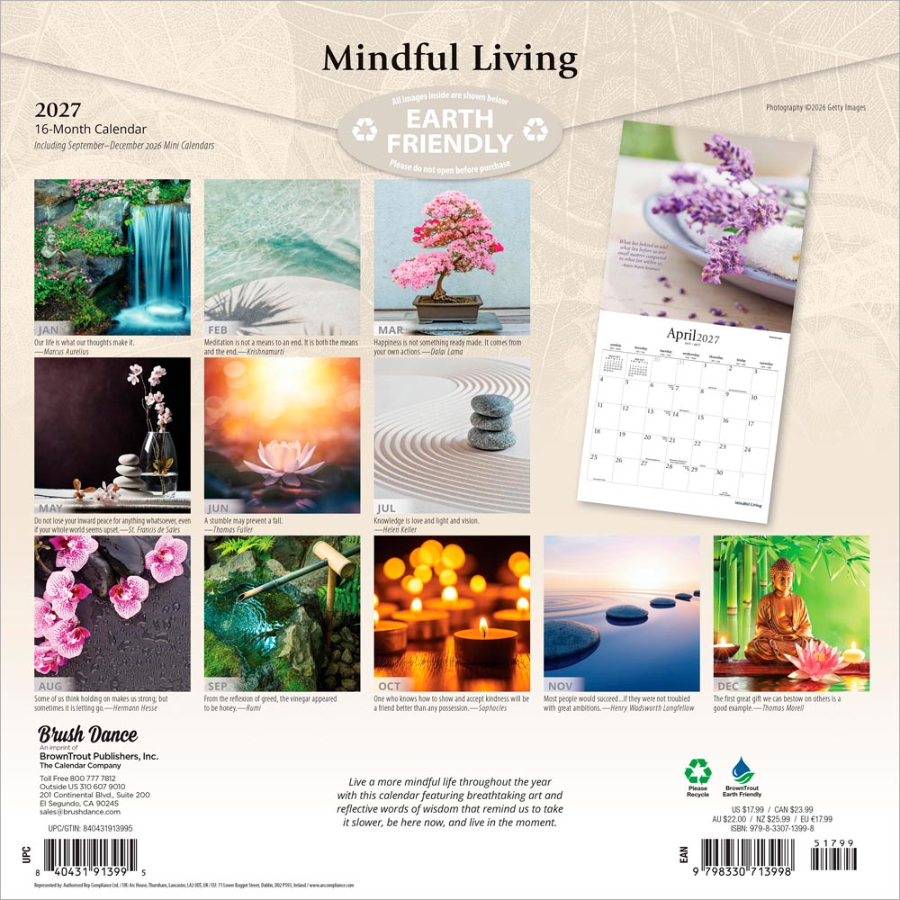 Mindful Living | 2027 12 x 24 Inch (Hanging) Monthly Square Wall Calendar
