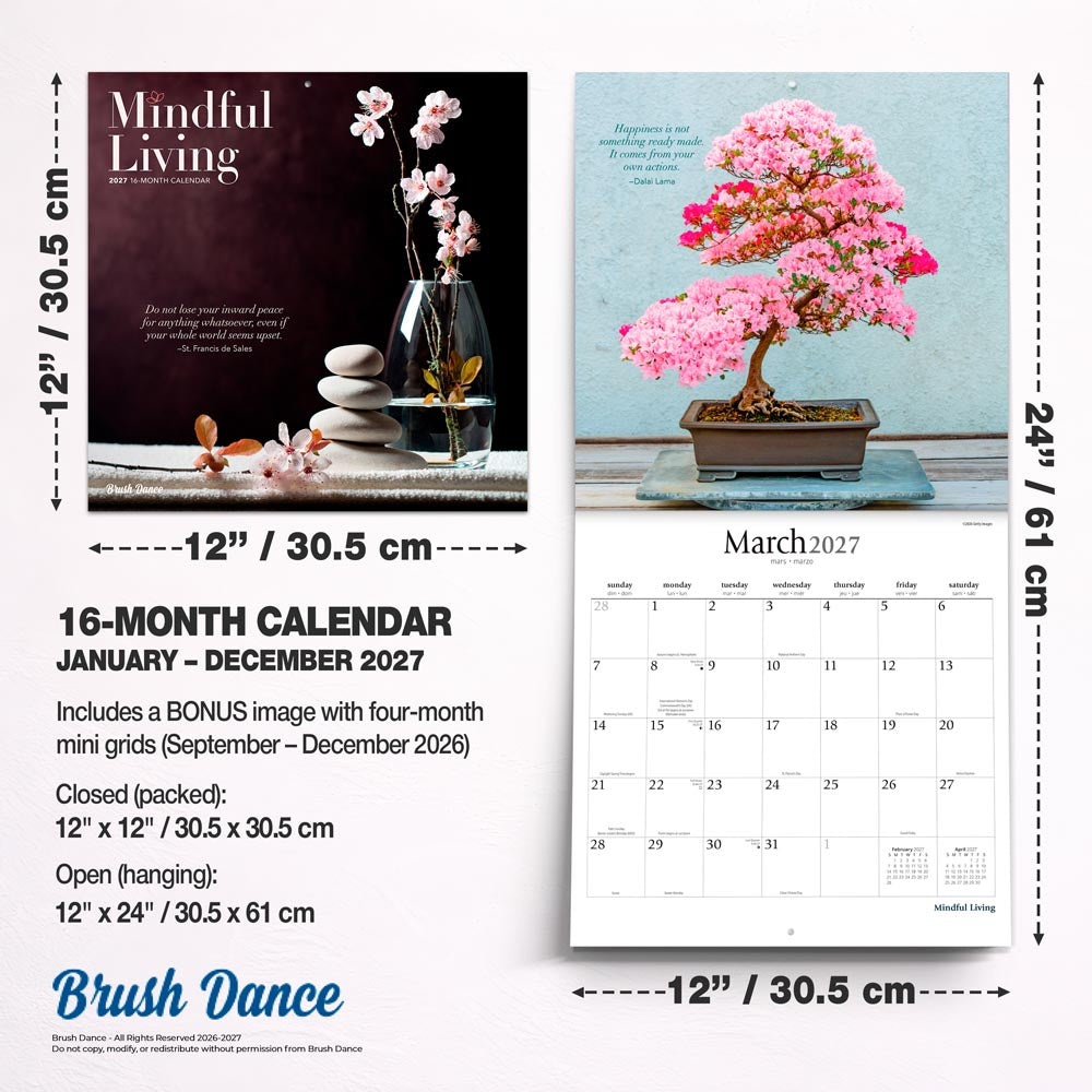 Mindful Living | 2027 12 x 24 Inch (Hanging) Monthly Square Wall Calendar