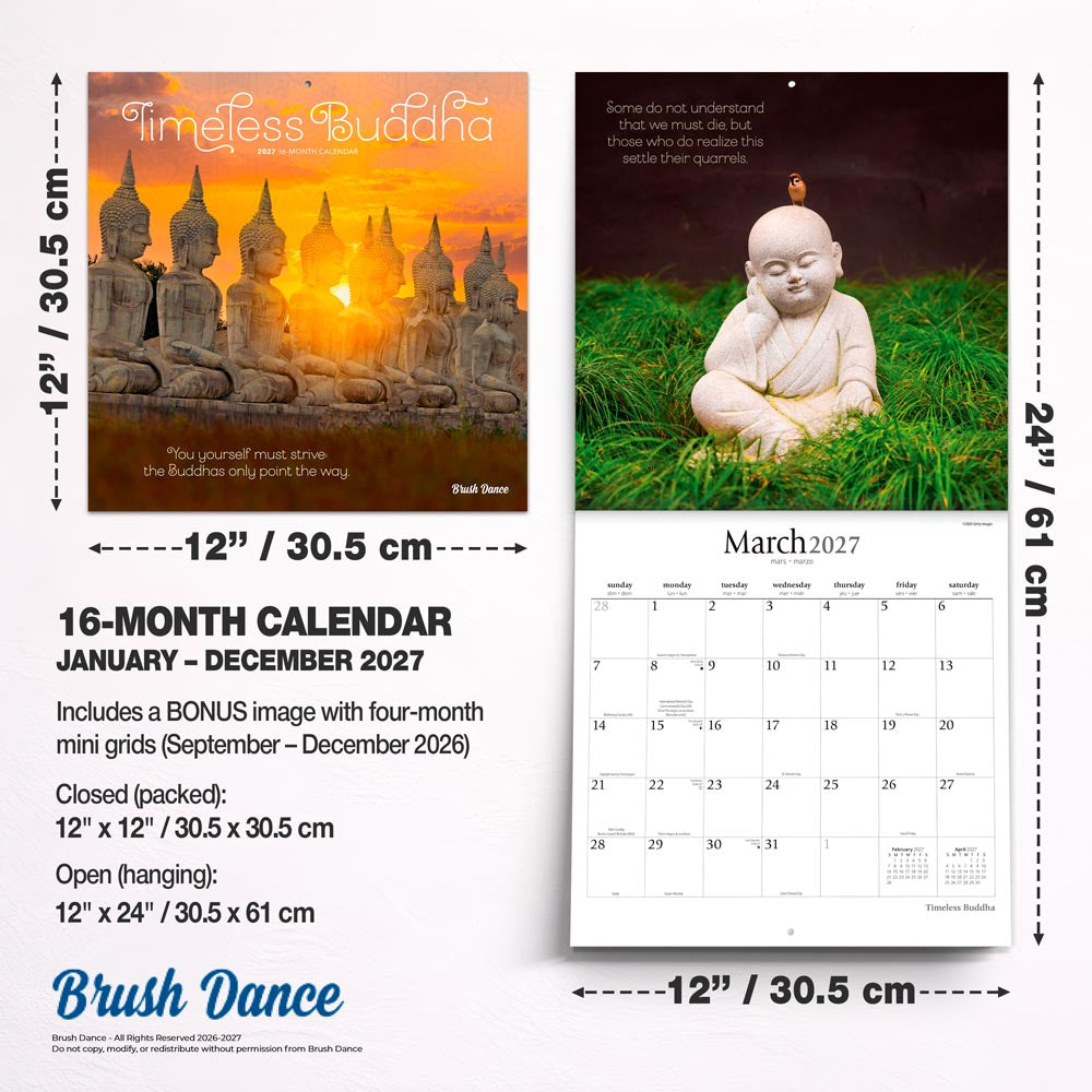 Timeless Buddha | 2027 12 x 24 Inch (Hanging) Monthly Square Wall Calendar