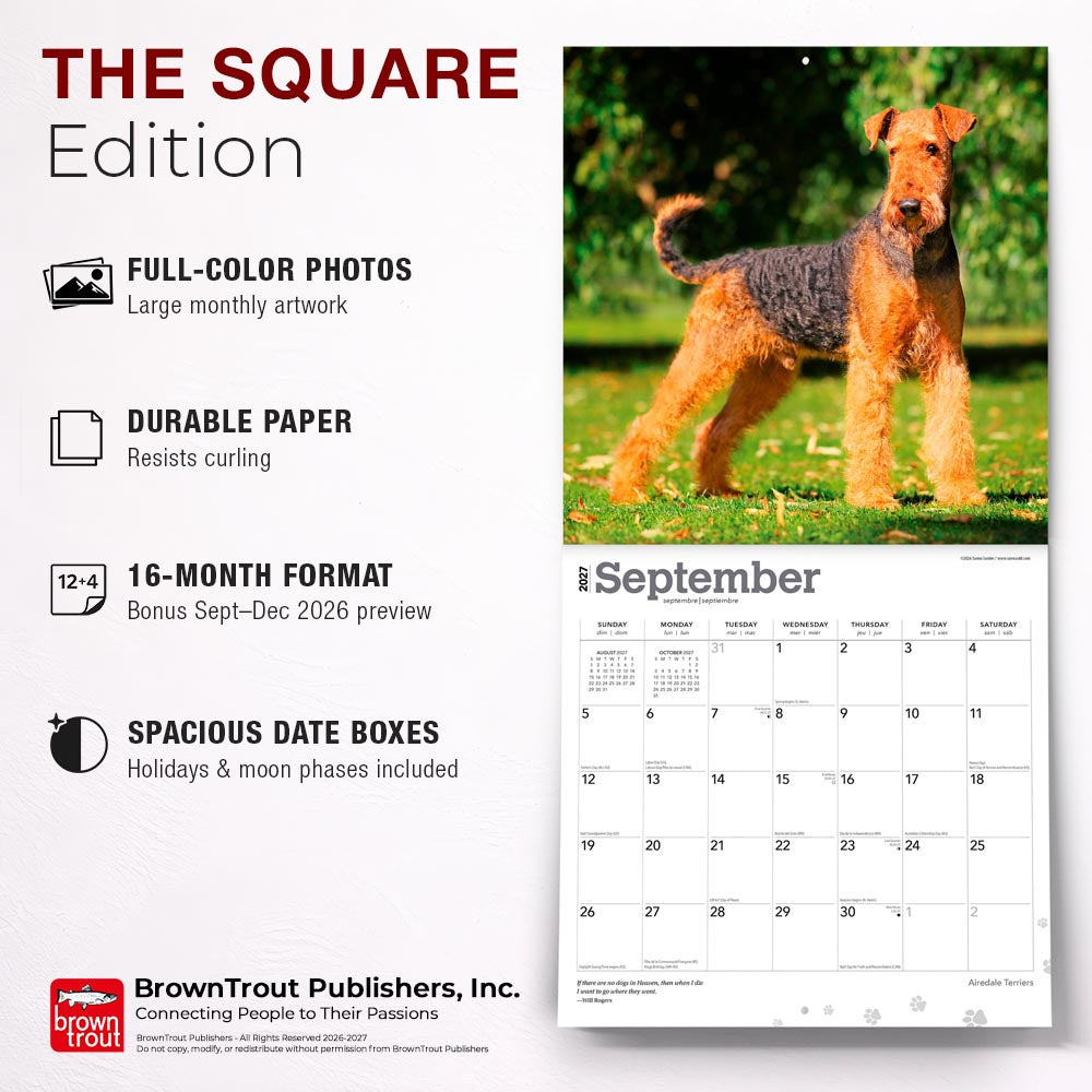 Airedale Terriers | 2027 12 x 24 Inch (Hanging) Monthly Square Wall Calendar