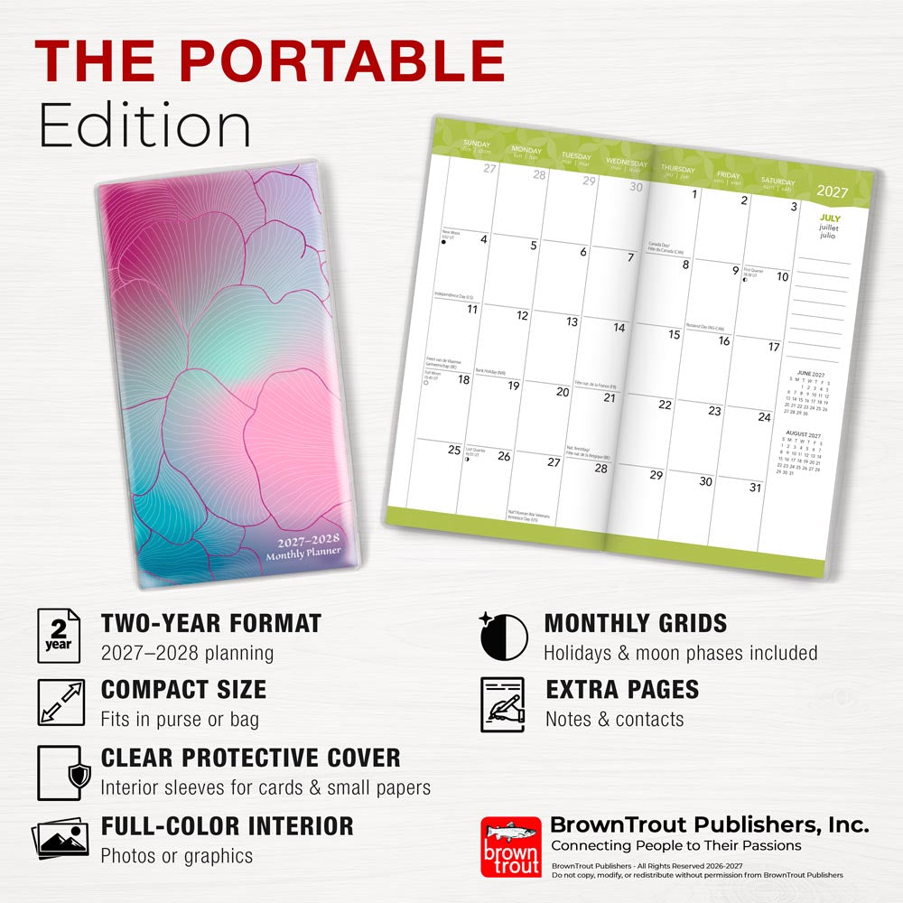 Ariel Collection | 2027-2028 3.5 x 6.5 Inch Two Year Monthly Pocket Planner Calendar | Foil Stamped Cover