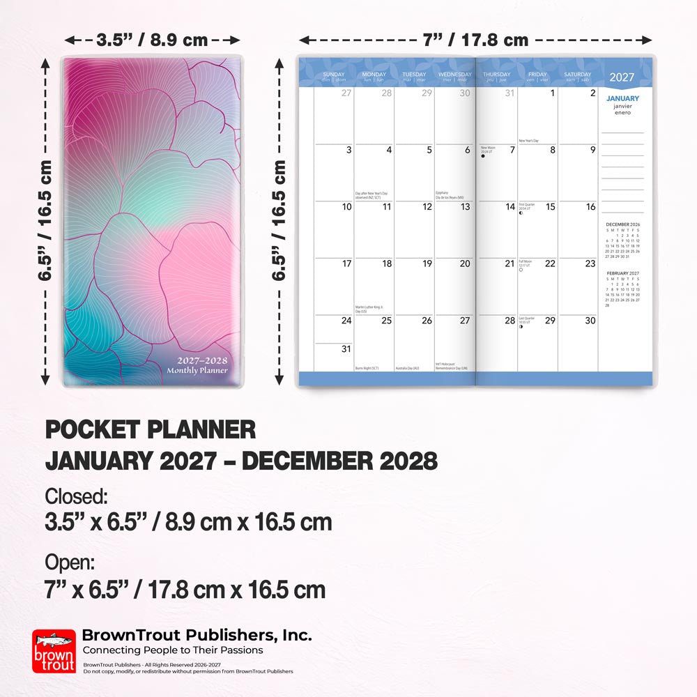 Ariel Collection | 2027-2028 3.5 x 6.5 Inch Two Year Monthly Pocket Planner Calendar | Foil Stamped Cover