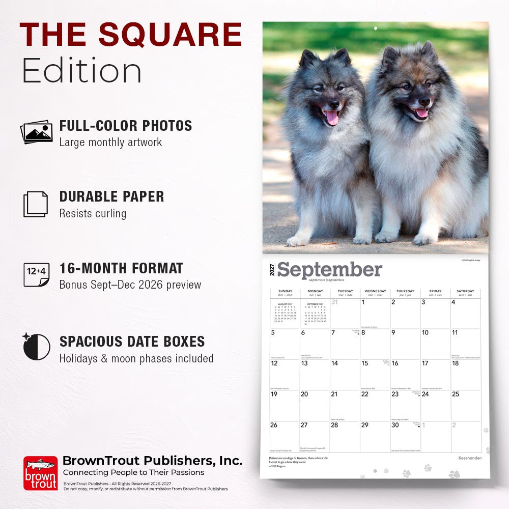 Keeshonden | 2027 12 x 24 Inch (Hanging) Monthly Square Wall Calendar