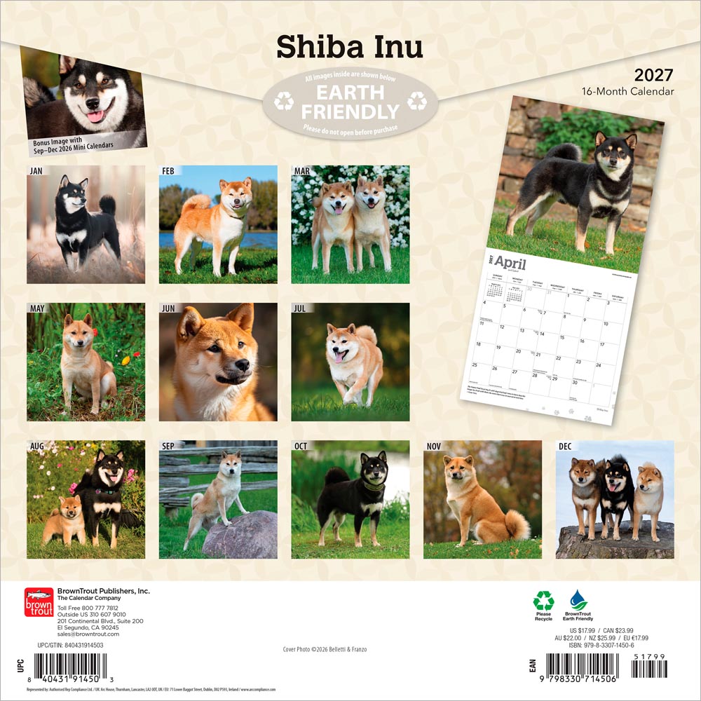 Shiba Inu | 2027 12 x 24 Inch (Hanging) Monthly Square Wall Calendar