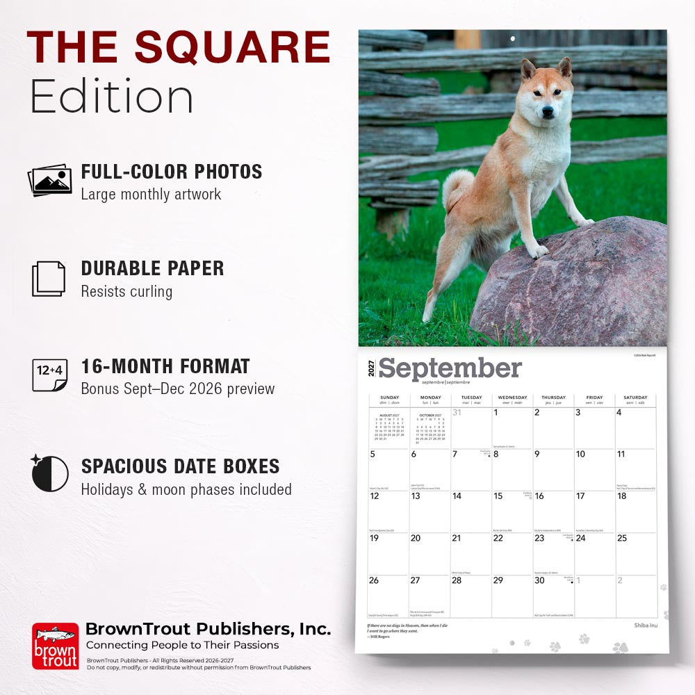 Shiba Inu | 2027 12 x 24 Inch (Hanging) Monthly Square Wall Calendar