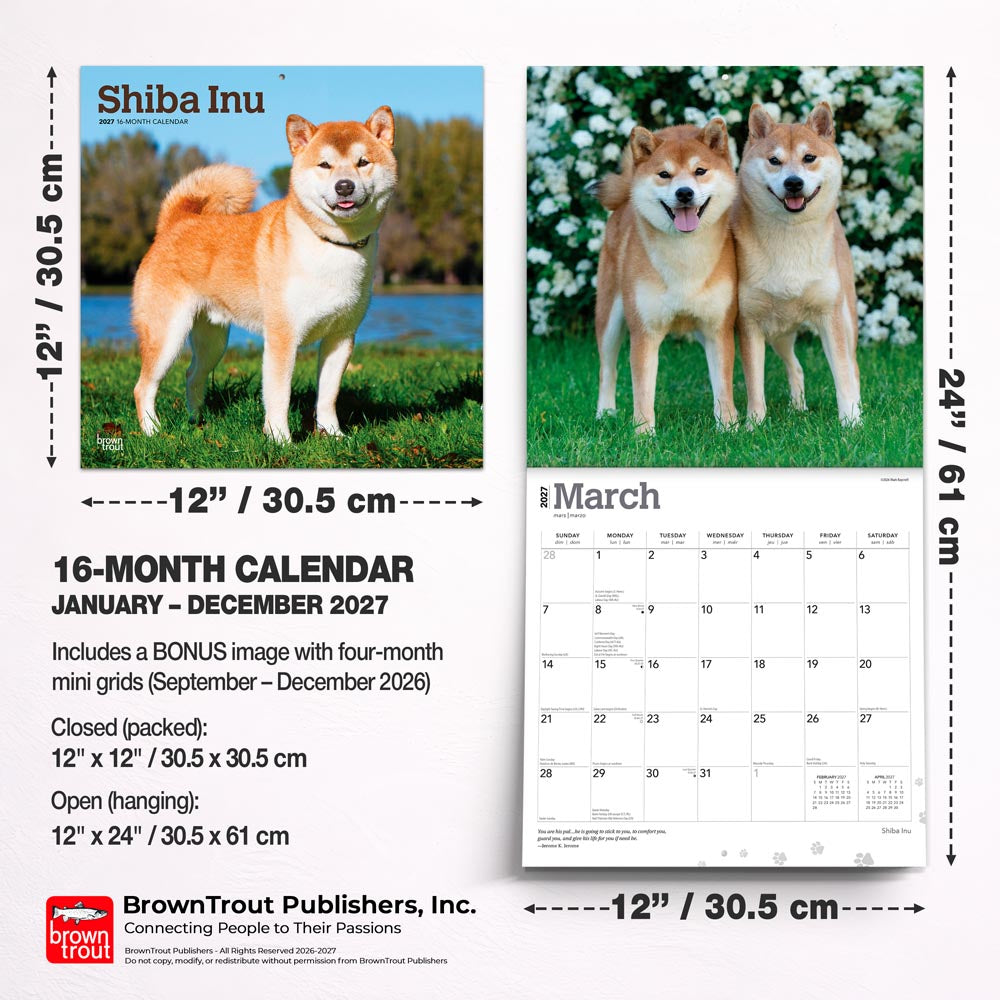 Shiba Inu | 2027 12 x 24 Inch (Hanging) Monthly Square Wall Calendar