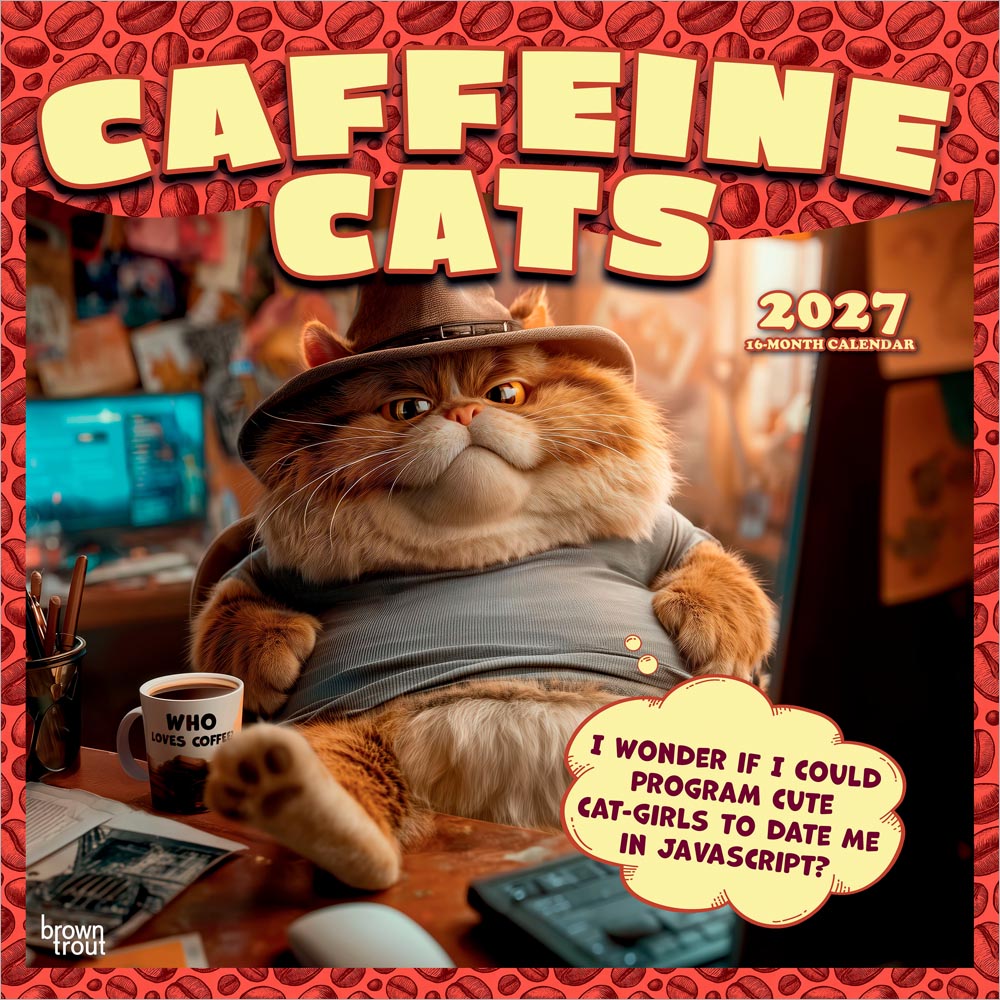 Caffeine Cats | 2027 12 x 24 Inch (Hanging) Monthly Square Wall Calendar