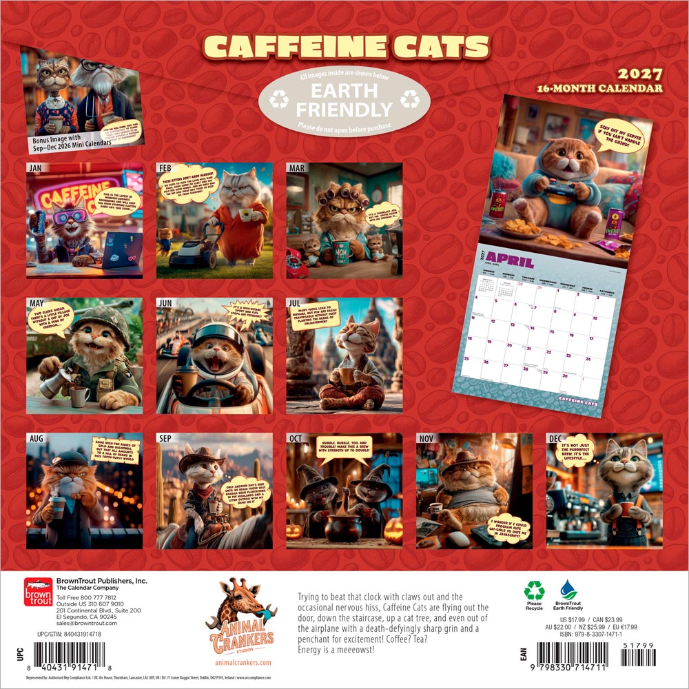 Caffeine Cats | 2027 12 x 24 Inch (Hanging) Monthly Square Wall Calendar