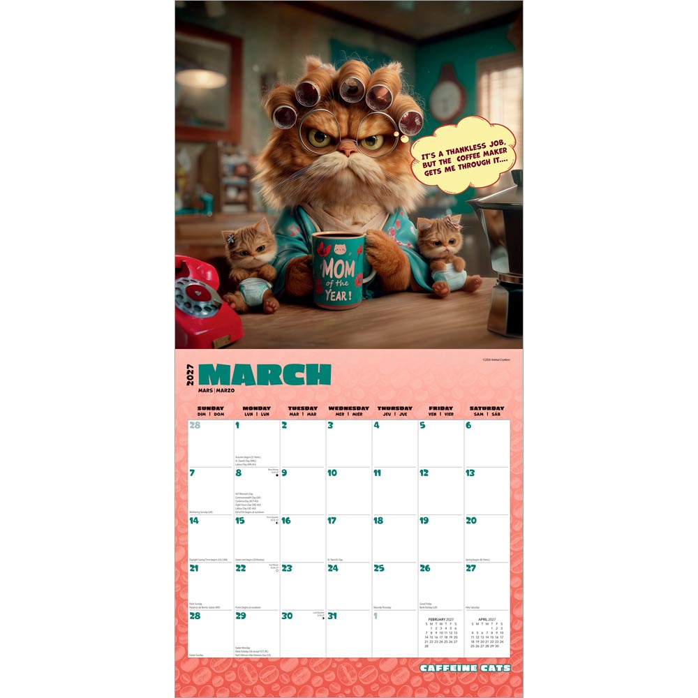 Caffeine Cats | 2027 12 x 24 Inch (Hanging) Monthly Square Wall Calendar