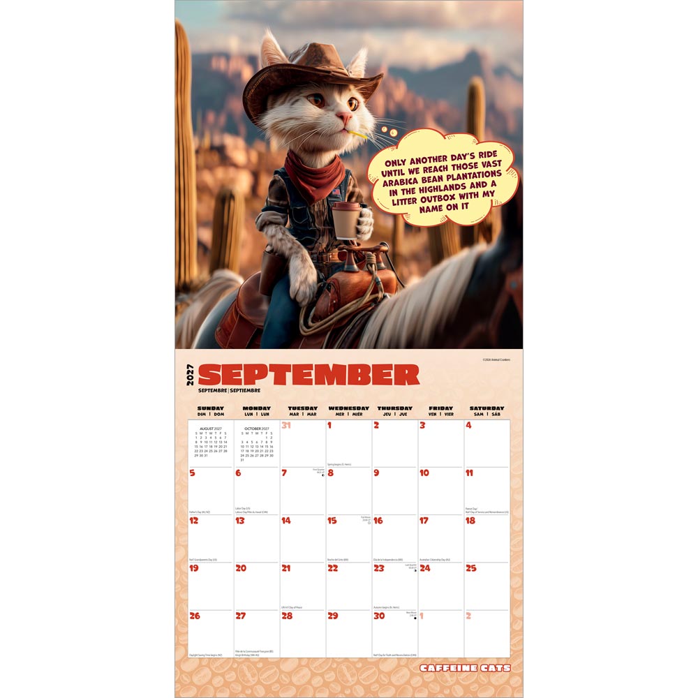 Caffeine Cats | 2027 12 x 24 Inch (Hanging) Monthly Square Wall Calendar