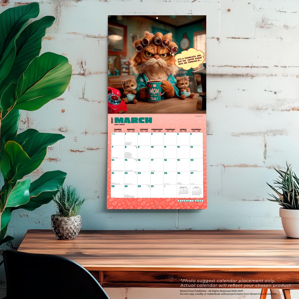 Caffeine Cats | 2027 12 x 24 Inch (Hanging) Monthly Square Wall Calendar