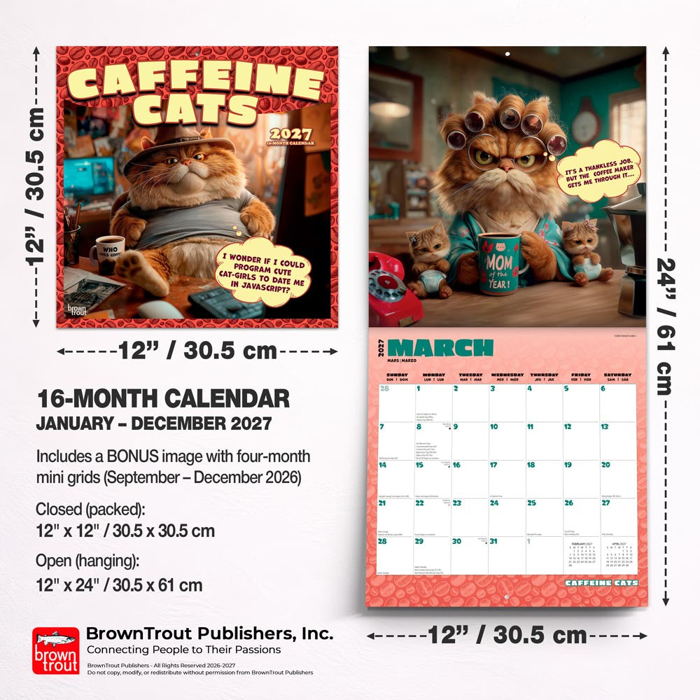Caffeine Cats | 2027 12 x 24 Inch (Hanging) Monthly Square Wall Calendar