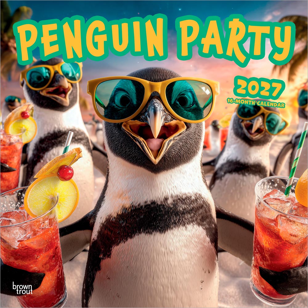Penguin Party | 2027 12 x 24 Inch (Hanging) Monthly Square Wall Calendar