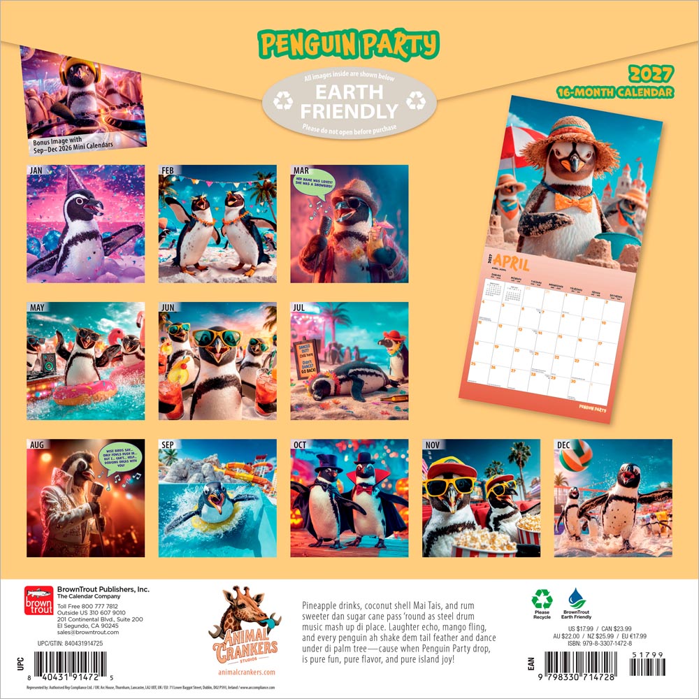 Penguin Party | 2027 12 x 24 Inch (Hanging) Monthly Square Wall Calendar
