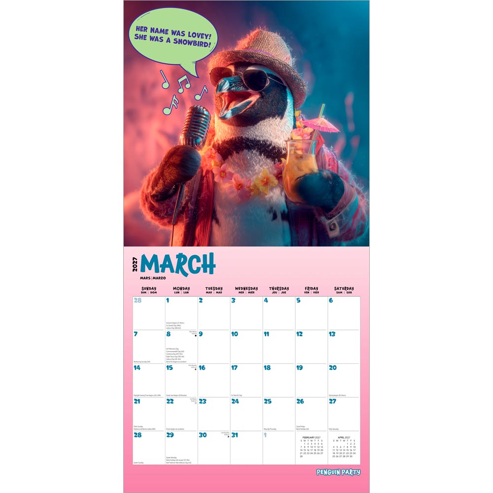 Penguin Party | 2027 12 x 24 Inch (Hanging) Monthly Square Wall Calendar