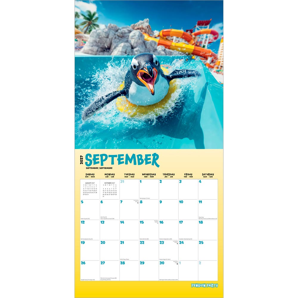 Penguin Party | 2027 12 x 24 Inch (Hanging) Monthly Square Wall Calendar