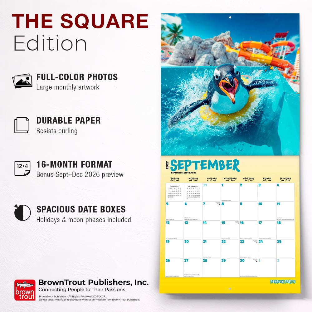 Penguin Party | 2027 12 x 24 Inch (Hanging) Monthly Square Wall Calendar