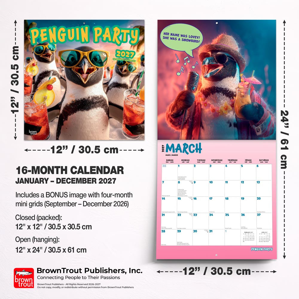 Penguin Party | 2027 12 x 24 Inch (Hanging) Monthly Square Wall Calendar