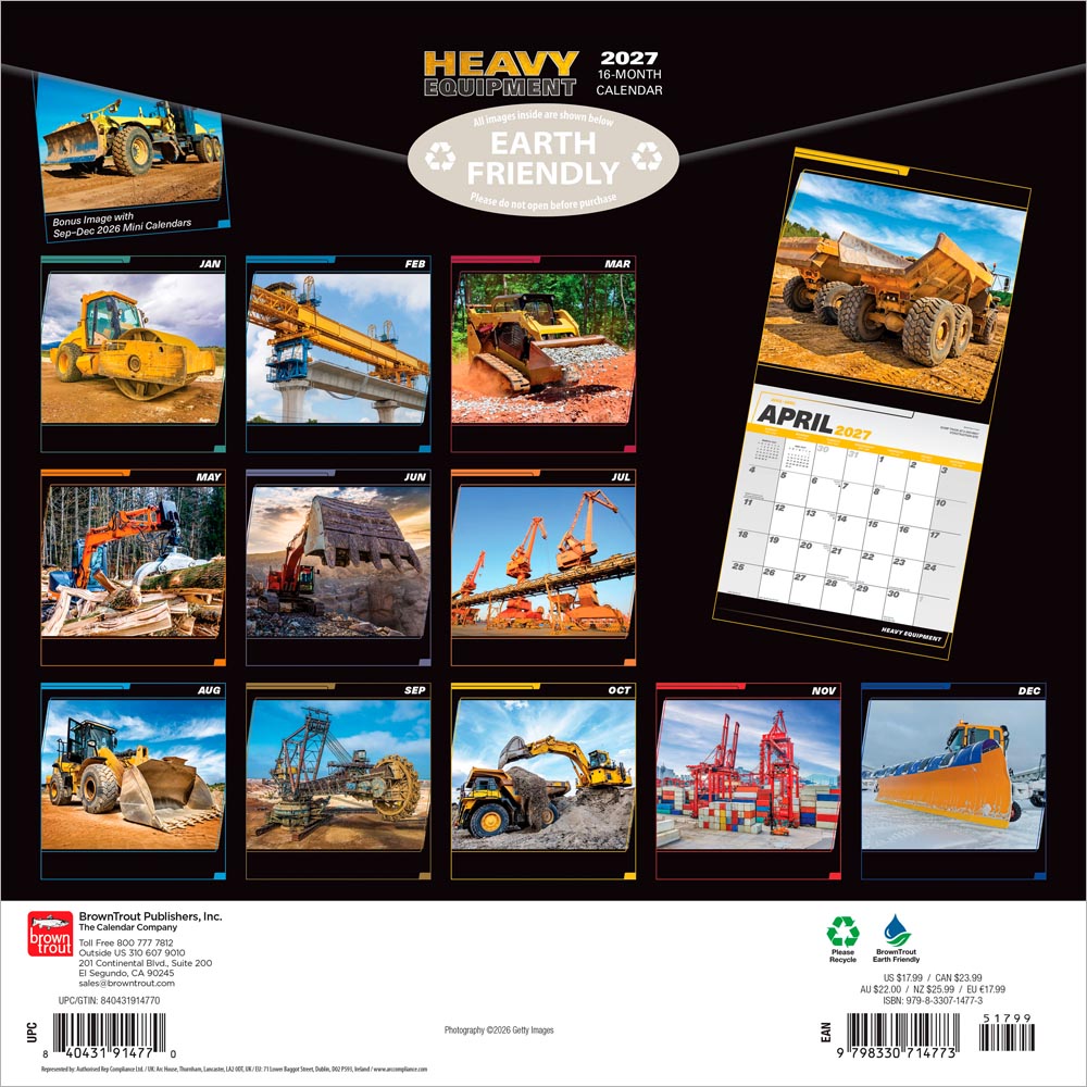 Heavy Equipment | 2027 12 x 24 Inch (Hanging) Monthly Square Wall Calendar