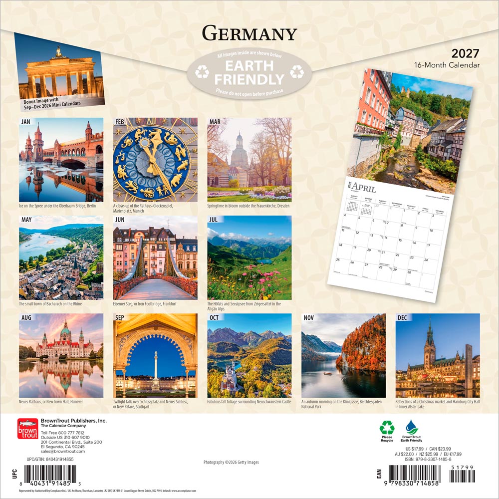Germany | 2027 12 x 24 Inch (Hanging) Monthly Square Wall Calendar