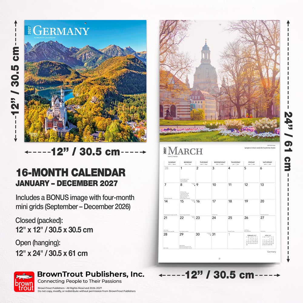 Germany | 2027 12 x 24 Inch (Hanging) Monthly Square Wall Calendar