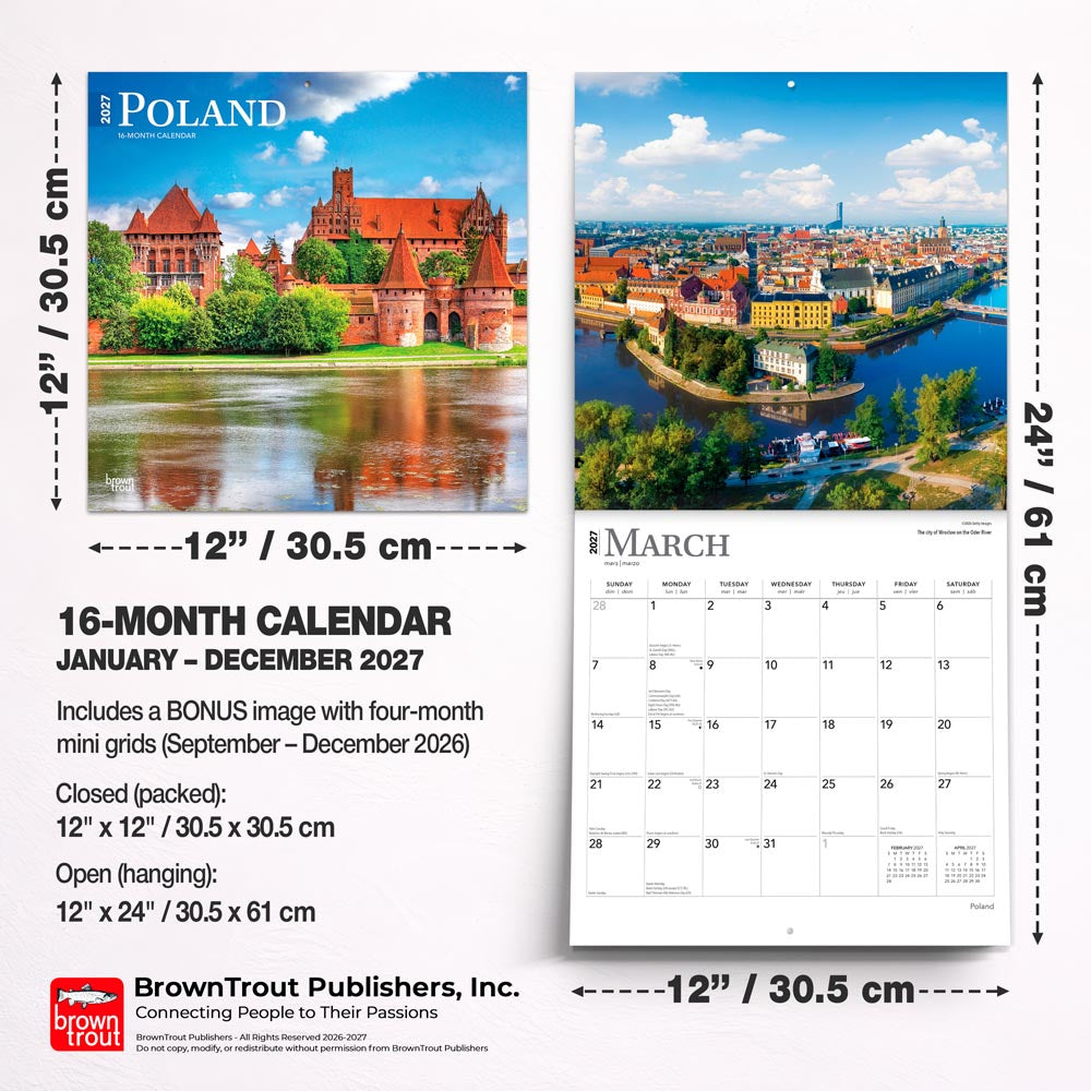 Poland | 2027 12 x 24 Inch (Hanging) Monthly Square Wall Calendar