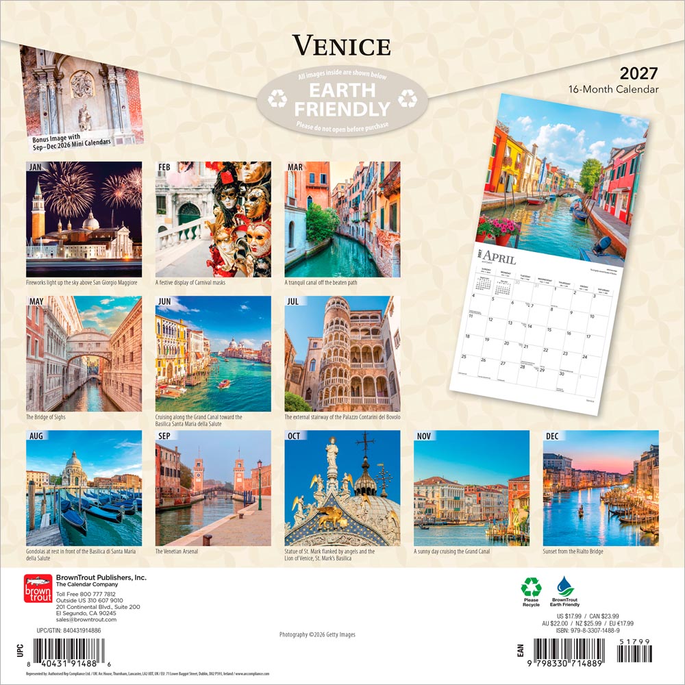 Venice | 2027 12 x 24 Inch (Hanging) Monthly Square Wall Calendar
