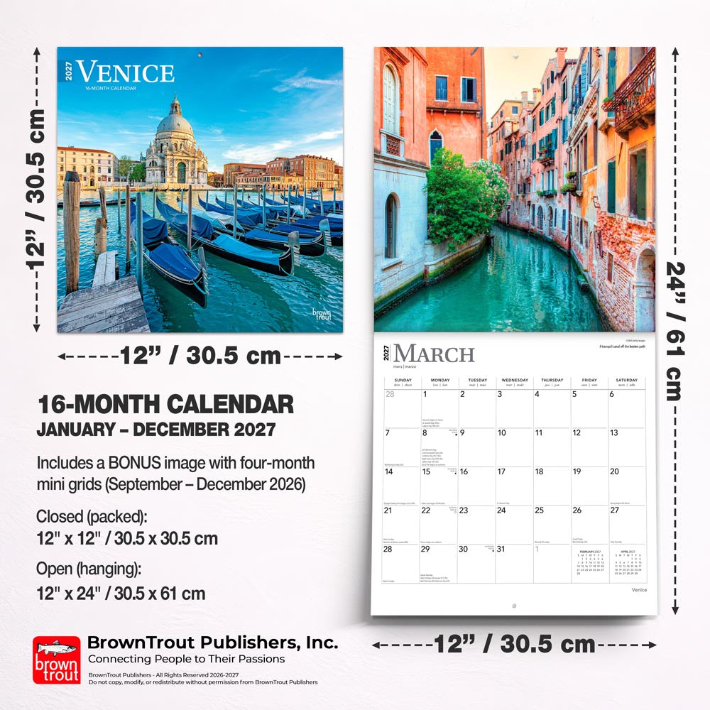 Venice | 2027 12 x 24 Inch (Hanging) Monthly Square Wall Calendar