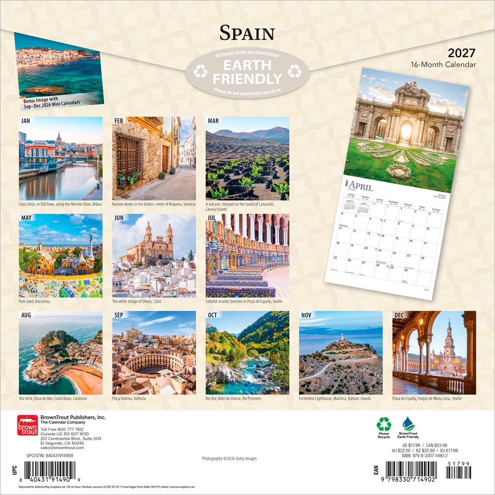 Spain | 2027 12 x 24 Inch (Hanging) Monthly Square Wall Calendar
