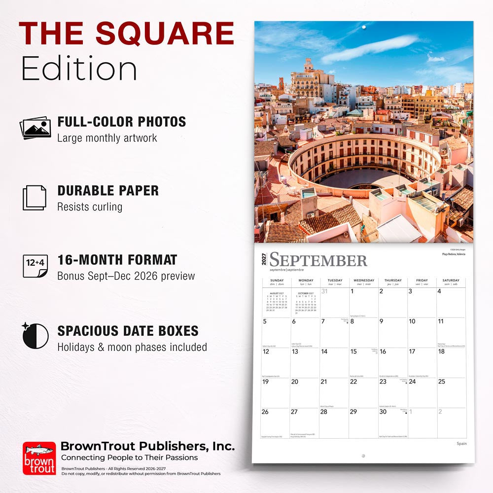 Spain | 2027 12 x 24 Inch (Hanging) Monthly Square Wall Calendar