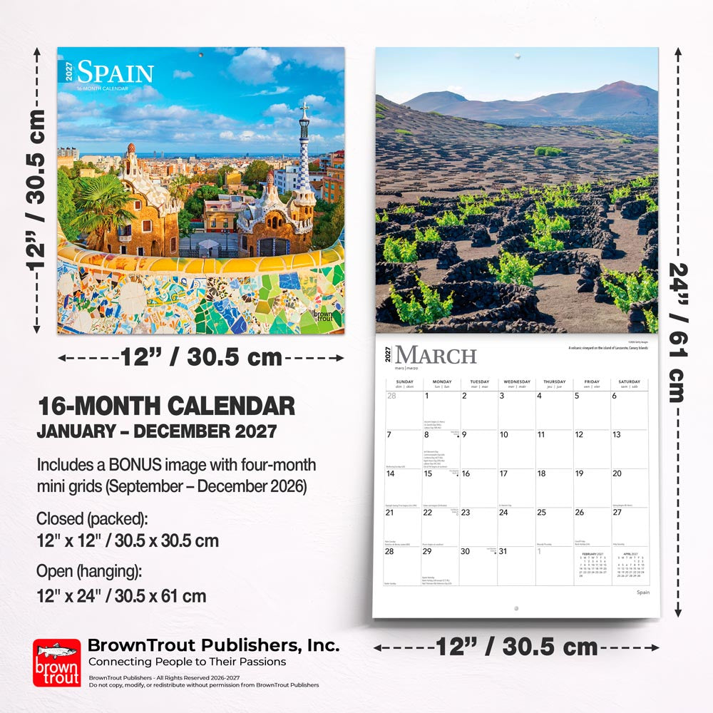Spain | 2027 12 x 24 Inch (Hanging) Monthly Square Wall Calendar