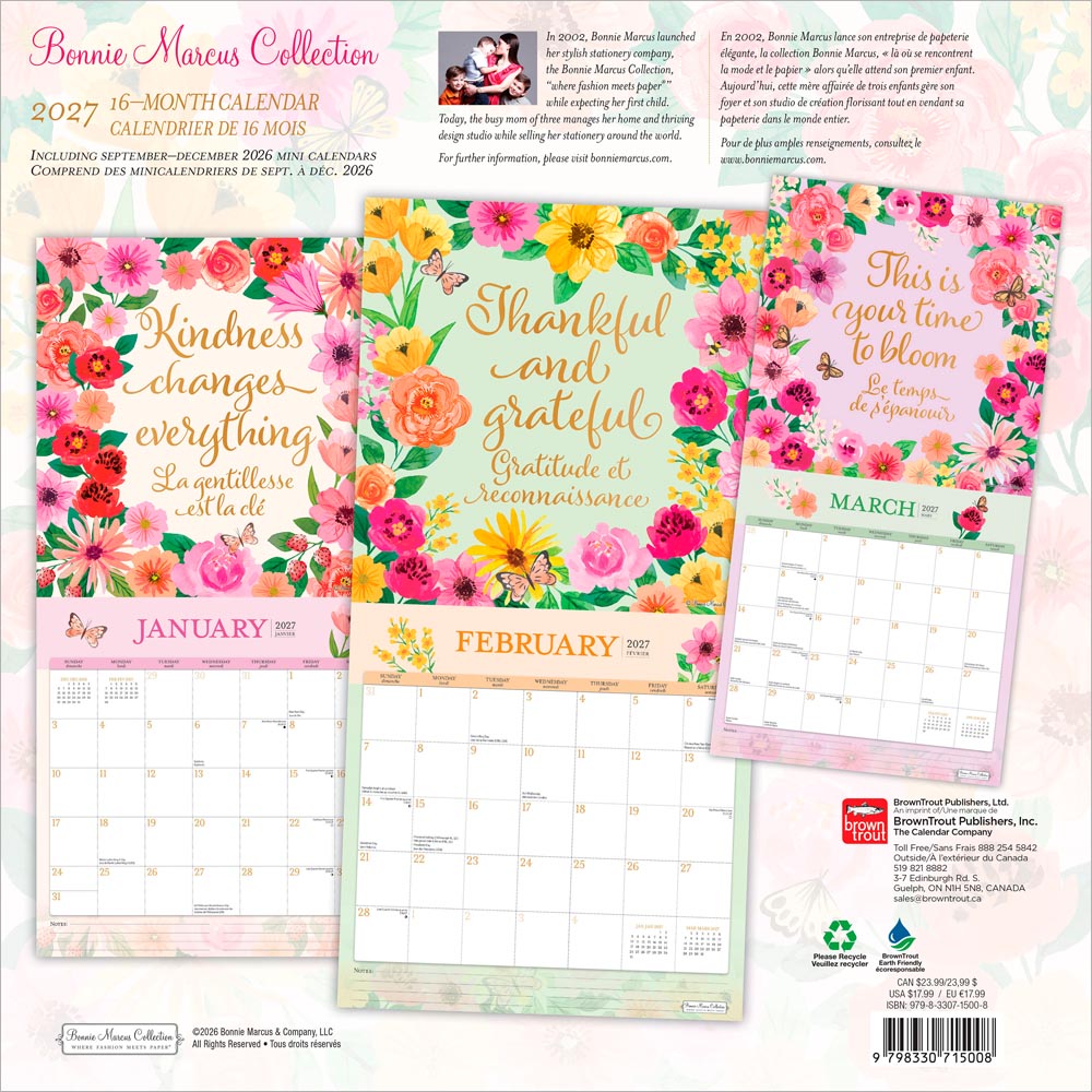 Bonnie Marcus OFFICIAL | 2027 12 x 24 Inch (Hanging) Monthly Square Wall Calendar | English/French Bilingual
