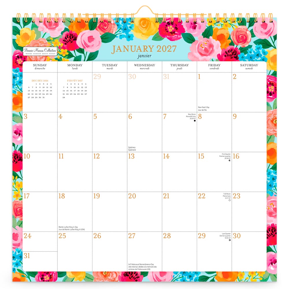 Bonnie Marcus OFFICIAL | 2027 12 x 12 Inch (Hanging) Monthly Square Wire-O Calendar | Sticker Sheet | English/French Bilingual