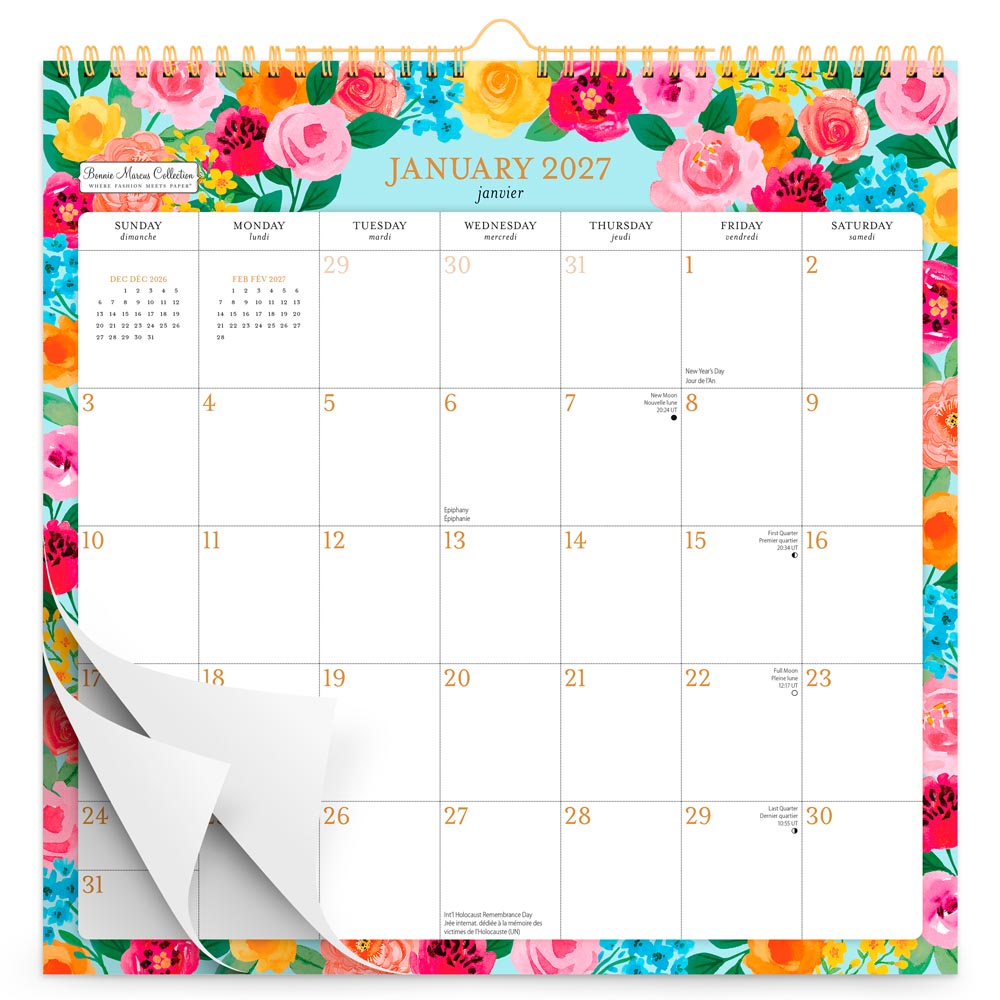 Bonnie Marcus OFFICIAL | 2027 12 x 12 Inch (Hanging) Monthly Square Wire-O Calendar | Sticker Sheet | English/French Bilingual
