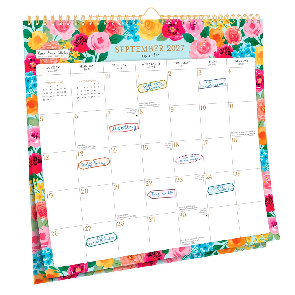 Bonnie Marcus OFFICIAL | 2027 12 x 12 Inch (Hanging) Monthly Square Wire-O Calendar | Sticker Sheet | English/French Bilingual