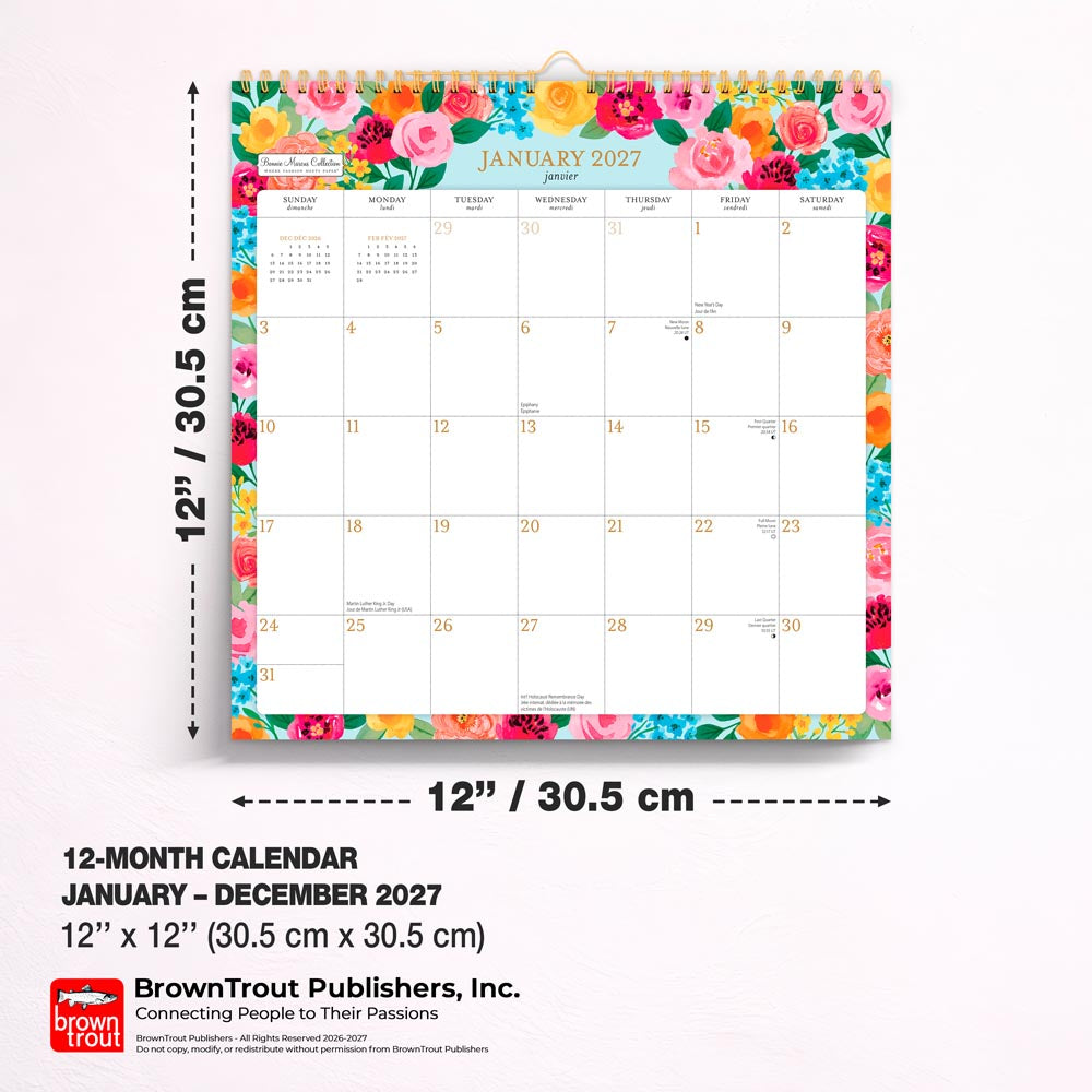 Bonnie Marcus OFFICIAL | 2027 12 x 12 Inch (Hanging) Monthly Square Wire-O Calendar | Sticker Sheet | English/French Bilingual