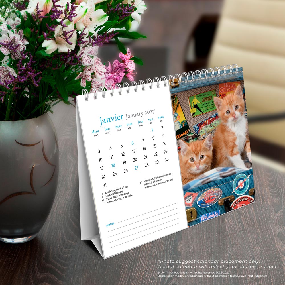 Chatons | 2027 7.5 x 6 Inch Monthly Double-View Easel Desk Calendar | French Language