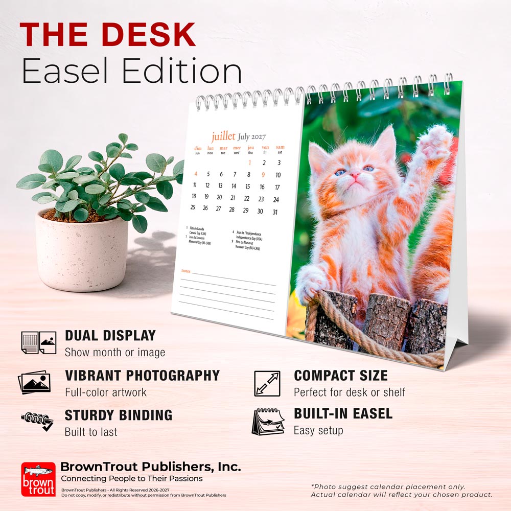 Chatons | 2027 7.5 x 6 Inch Monthly Double-View Easel Desk Calendar | French Language