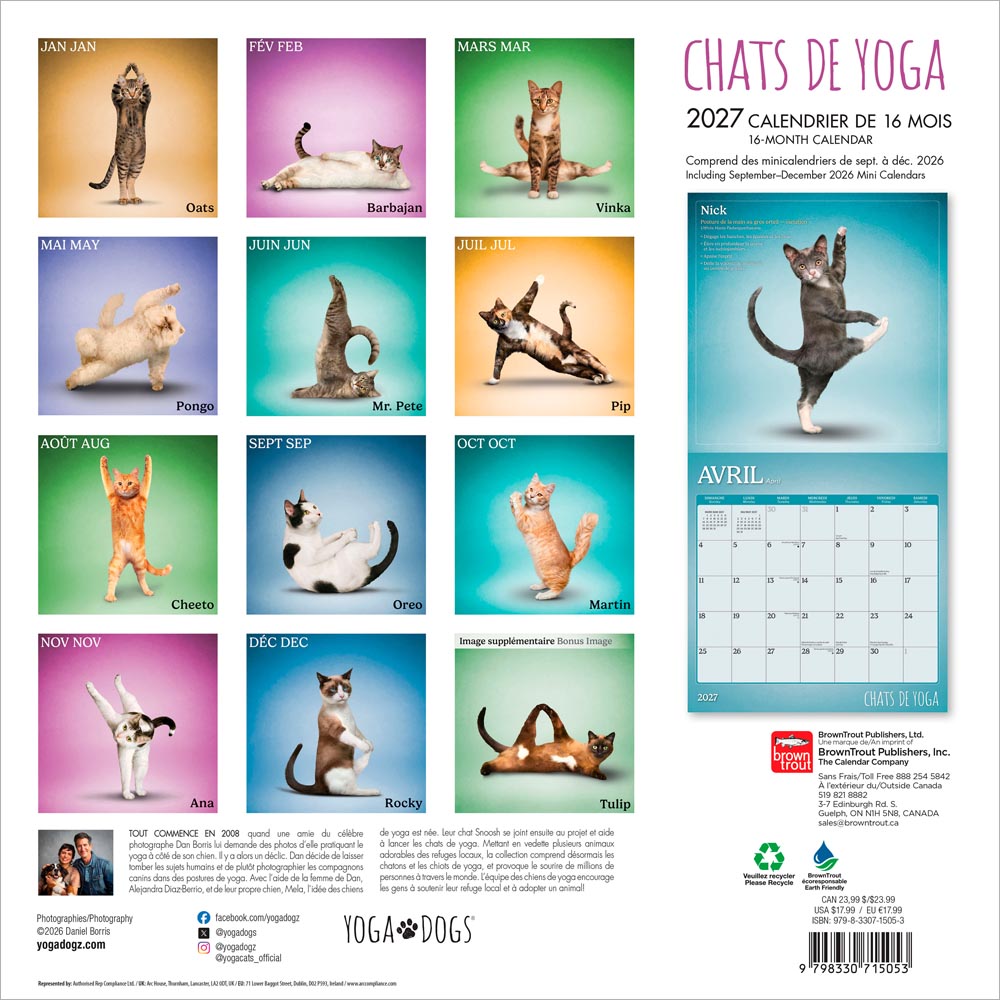 Chats de Yoga OFFICIEL | 2027 12 x 24 Inch (Hanging) Monthly Square Wall Calendar | French Language